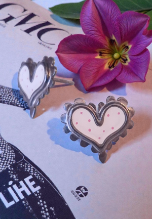 Σκουλαρίκια Καρδιές Polka Dots in Cream Καρφωτά